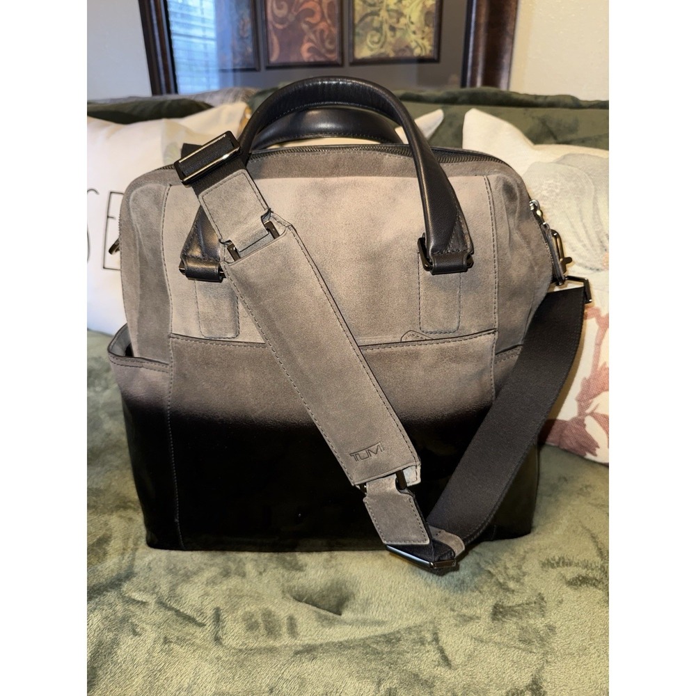 Tumi Briefcase Mens Grey Black Ombre Suede Leather Satchel Messenger Bag